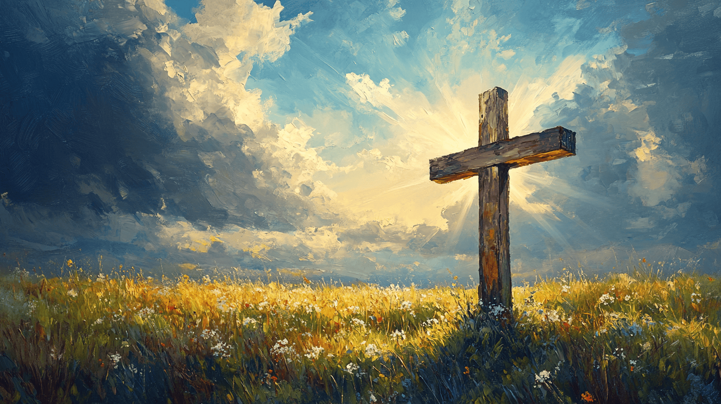 image of a christian wooden cross in a field