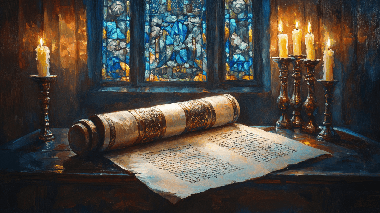 image of a torah scroll on a desk with candles