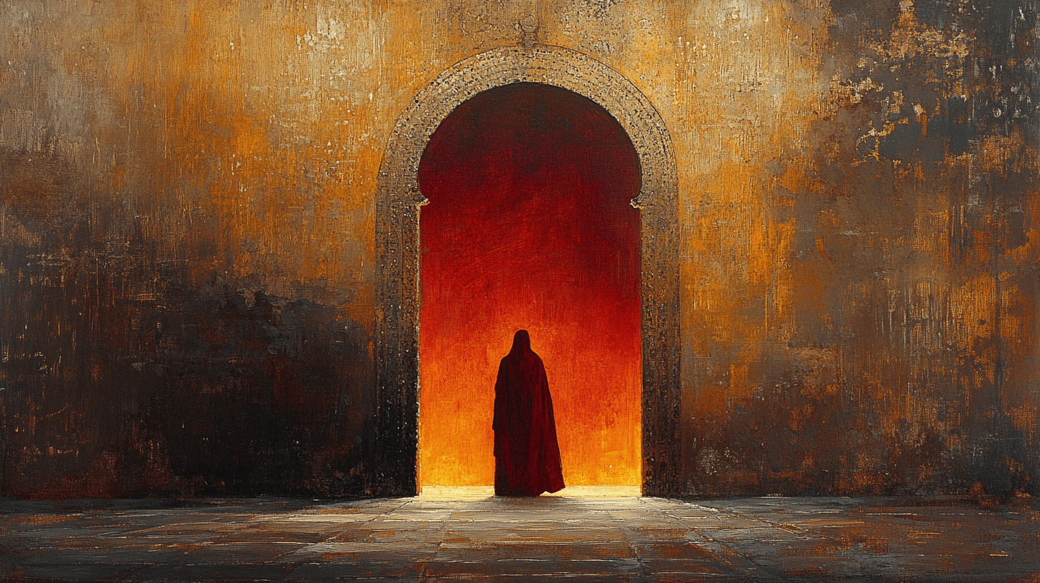 image of a robed figure in silhouette standing before a large arched doorway of a temple
