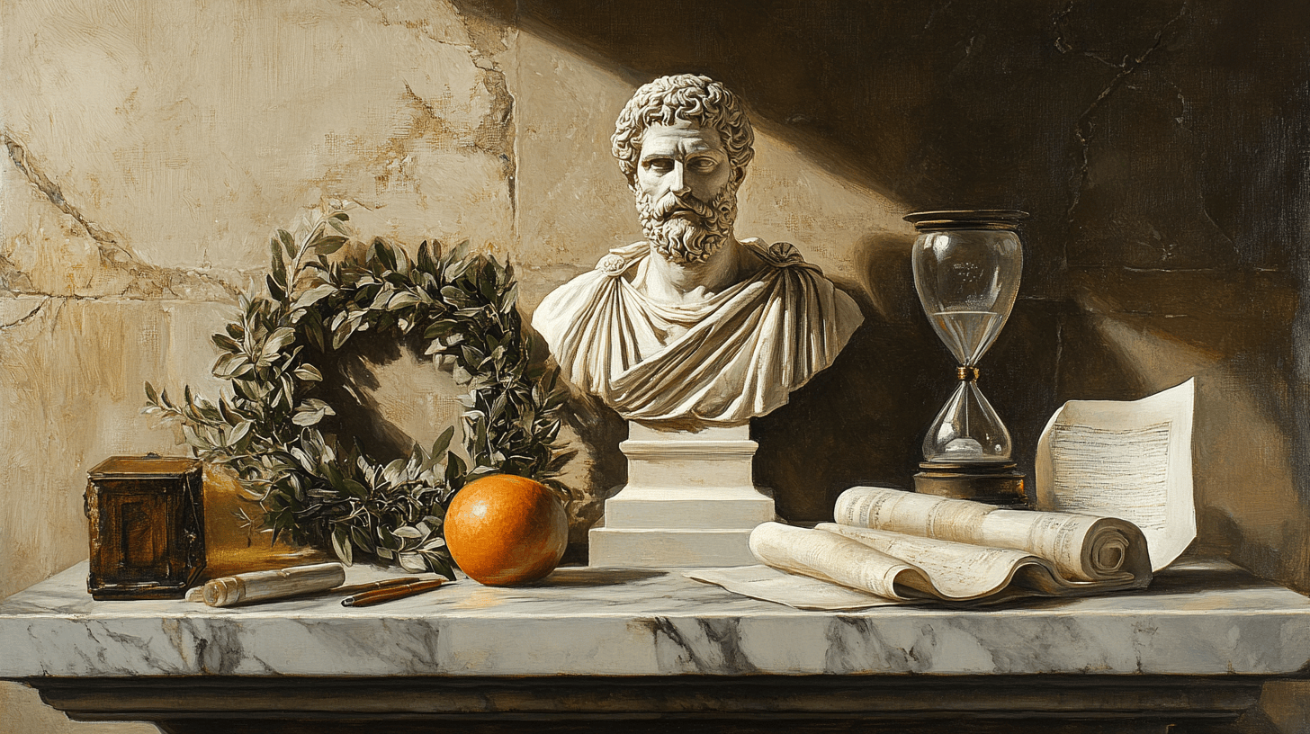 image of a marble table with a laurel wreath, an hourglass, a scroll, a quill, a bust of Socrates