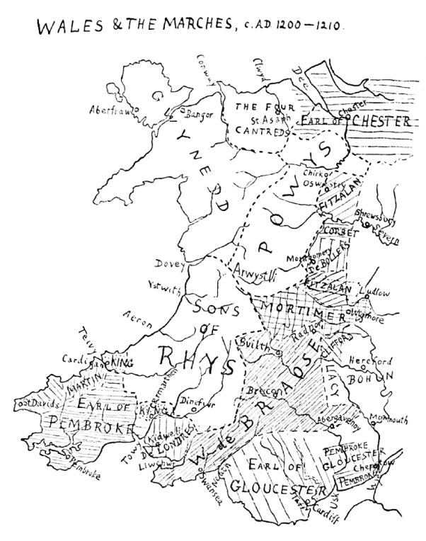 map of Wales and the Marches 1200-1210