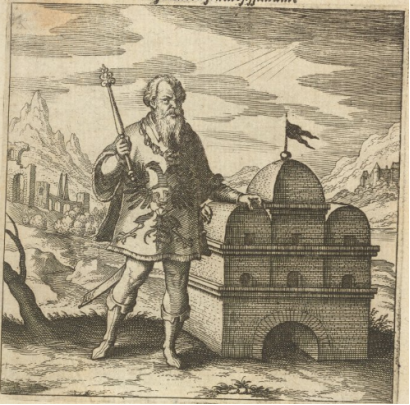 A man holding a stick, standing next to a castle