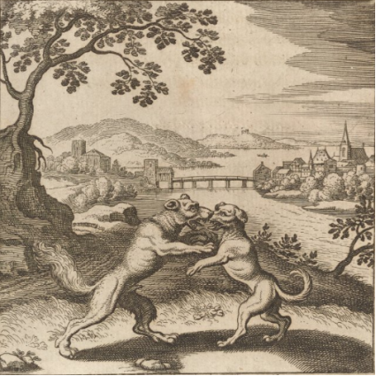 A drawing of two dogs fighting