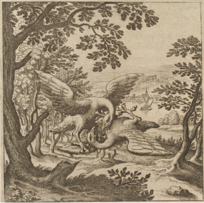 A drawing of two birds fighting