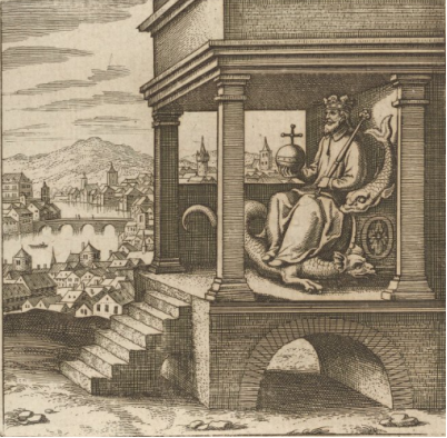 A drawing of a person sitting on a stone structure