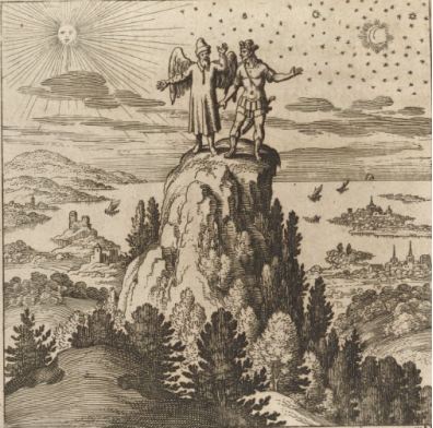 A drawing of two men standing on a mountain