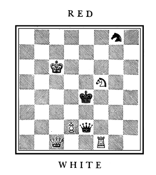 A chess problem. Red has pieces as follows: Ng8, Ke4, Qe2. White has pieces as follows: Kc6, Nf5, Pd2, Qc1, Rf1.