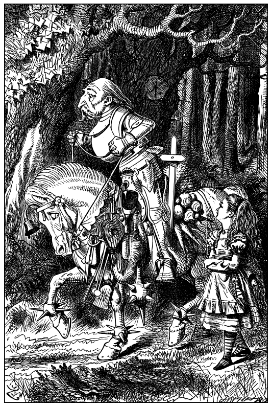 The scene is within a forest; Alice is standing with her arms folded looking up at the White Knight, who is mounted on his white horse, which is festooned with a variety of weapons.