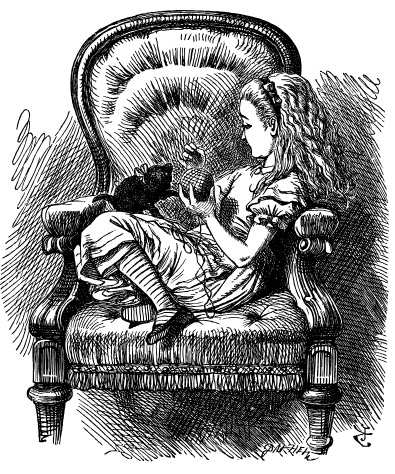 Alice is sitting sideways in a high-backed chair, holding a ball of yarn, with which a black kitten is playing.