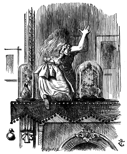Alice has climbed onto the mantelpiece above a fireplace. We see her back as she begins to move through the mirror.