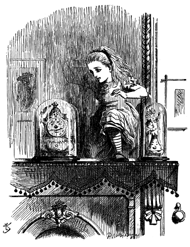 Alice is emerging from the mirror above a fireplace. The room is the mirror-reverse of the room in the previous illustration.