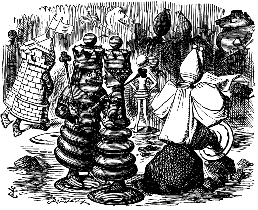 A variety of animated chess pieces. In the foreground the Red King is in discussion with the Red Queen. A white Bishop sits on a rock reading a newspaper. In the background, two soldier-like white Rooks march by.