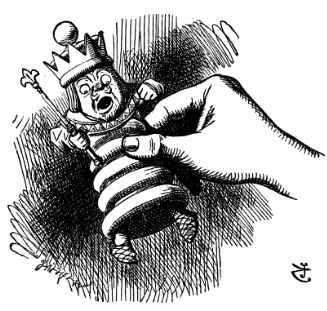 The White King is being held up between Alice’s finger and thumb, an expression of terror on his face.