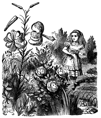 Alice stands in a luxuriant garden, looking with consternation at a tall plant. There are human faces on some of the flowers.