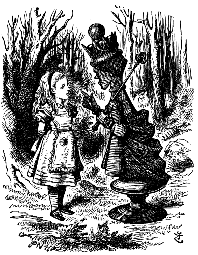 Alice stands talking to the Red Queen, who is now taller than Alice. The Queen has one finger raised as though lecturing.