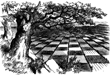 A landscape of light and dark fields set out in a square array, mimicking the look of a chessboard.