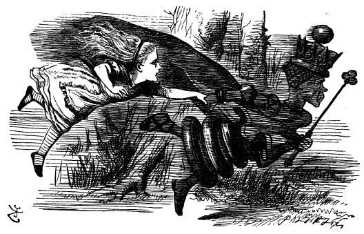 Alice is being dragged by the hand behind the Red Queen, who is racing to the right at a high speed.