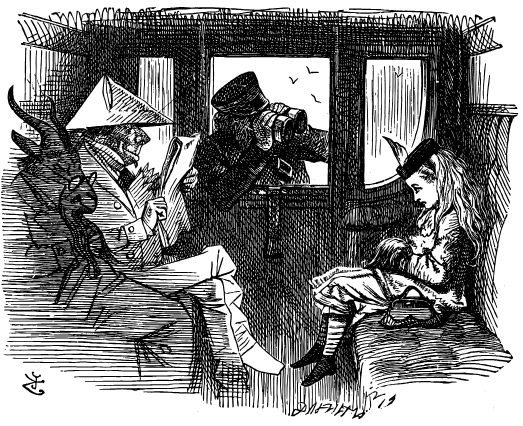 The interior of a railway carriage. Alice sits demurely at the right, being peered at through binoculars by the conductor. At left sit two figures, a goat-headed person and a man dressed entirely in folded paper.