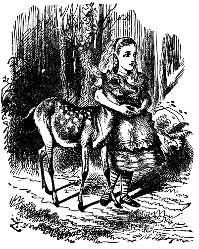 Alice stands in a forest with her arm around a young deer.