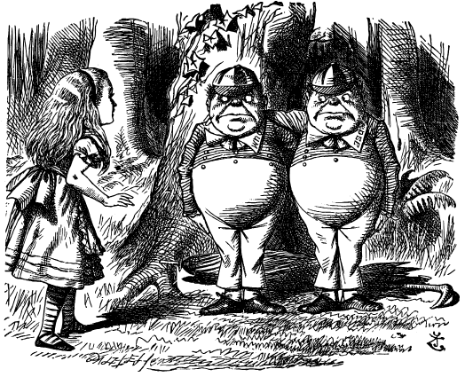 Alice stands at left in a forest. Before her is a pair of twin fat boys wearing school caps.