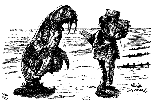 A walrus in a suit stands at left. To the right is a man in the clothes and paper hat of a carpenter, weeping copious tears.