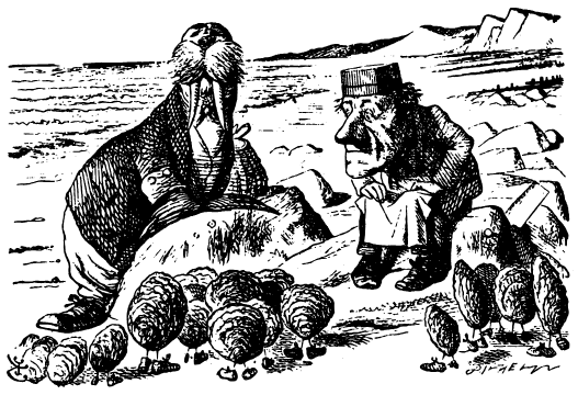 The walrus and carpenter are seated on rocks, addressing or listening to a crowd of small oysters on legs.