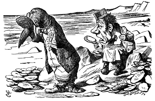 At left, the walrus is eating an oyster from its shell. At right the carpenter is about to do likewise, while holding a piece of bread and butter in his other hand.