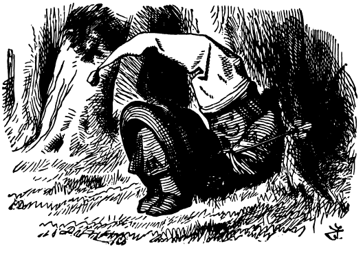 The Red King is asleep leaning against the trunk of a tree. He is wearing a large white night-cap.