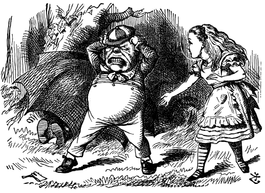A fat boy in a school cap is holding his head with both hands, a furious expression on his face as Alice looks on. In the background is another figure concealed beneath an open umbrella.