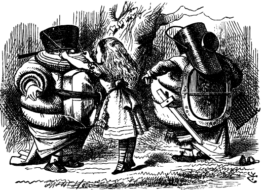 Two fat boys are dressed in makeshift armour, wearing saucepans as helmets and carrying wooden swords. Alice helps one fit his helmet.