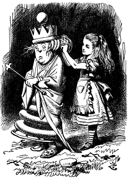 Alice is helping the White Queen to put on her shawl.