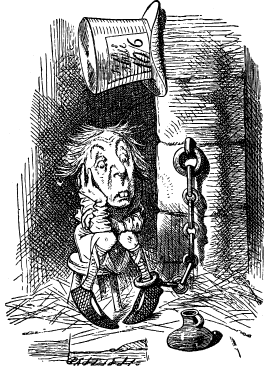 A hatter sits in prison with a chain around one leg. Above him is hung his top hat with a price label.