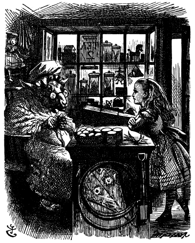 The interior of a shop. Alice leans on the counter talking to the shopkeeper, who is a sheep wearing a bonnet.