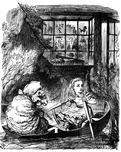Alice and the shopkeeper-sheep are in a rowing boat, Alice rowing. In the background is a shop window.