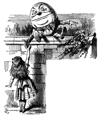 Humpty-Dumpty is sitting on top of a wall, reaching down to shake hands with Alice.