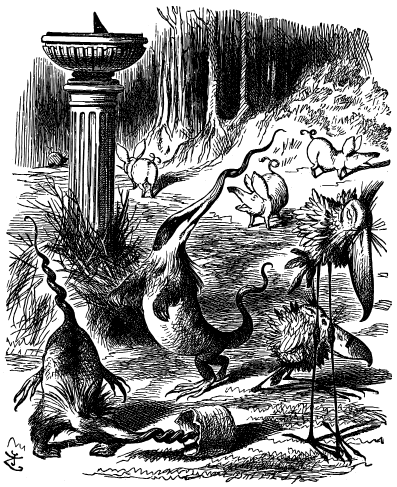 A variety of strange creatures dance in a forest clearing which features a sundial. The creatures include badger-like creatures with helical snouts and tails, pig-like creatures and long-legged birds with huge beaks.