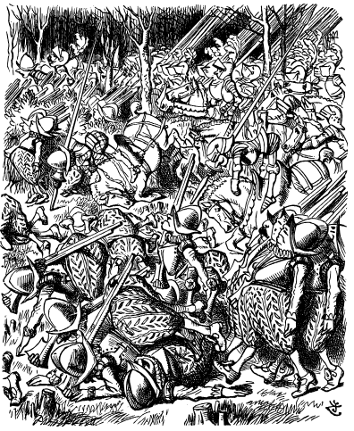 A confused mass of foot-soldiers and horses, many of whom are falling over.