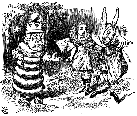 The White King stands with his eyes closed, holding out his hand to receive a sandwich from a hare, while Alice looks on.