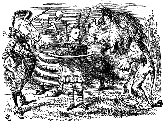 Alice stands holding a large cake into which is plunged a knife. She is between a unicorn dressed in Elizabethan costume and an aged lion, who is wearing eyeglasses.
