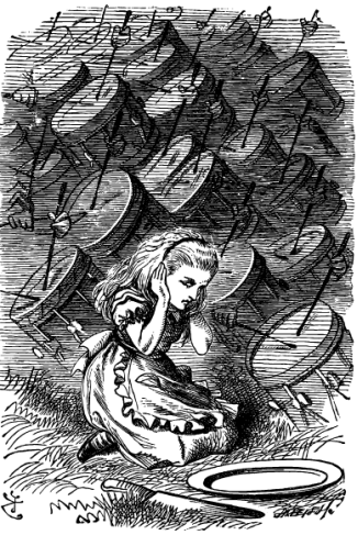 Alice kneels on the ground holding her hands over her ears while the background is full of drums being struck with drumsticks.