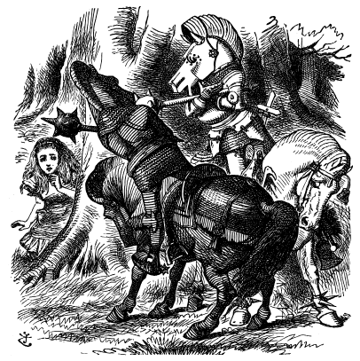 The Red Knight and the White Knight are battling on horseback while Alice looks on fearfully from behind a tree.
