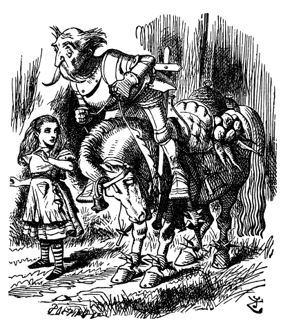 Alice stands next to the White Knight who is mounted on his white horse, looking forward and down.