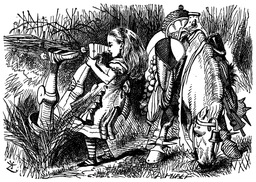 The White Knight is head down in a ditch and Alice is trying to pull him up by his right leg. The knight’s horse is at right cropping grass.
