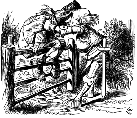 The White Knight is shaking a scarecrow-like figure wearing a battered top hat. The figure is mounted on a four-barred wooden gate.