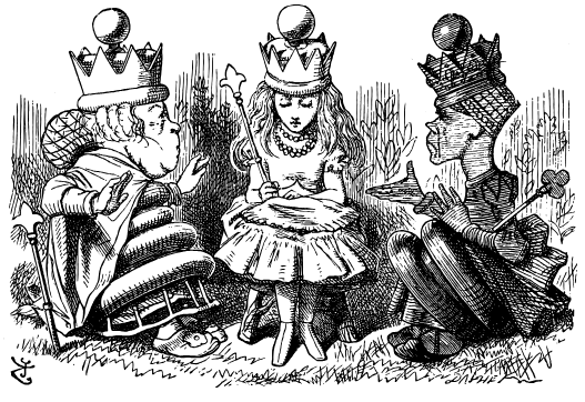 Alice, now wearing a crown and holding a sceptre, is seated between the White Queen and the Red Queen, who are asking her questions.