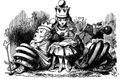 Alice sits between the White Queen and the Red Queen, who are both asleep and leaning against her.
