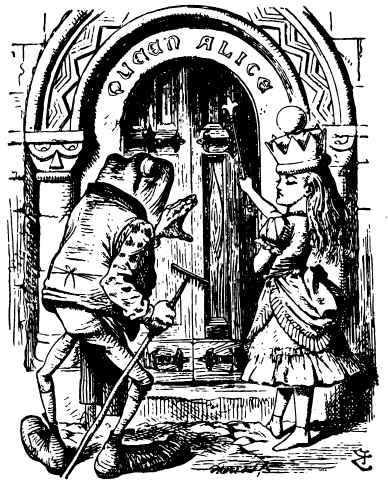 Alice stands proudly next to a doorway labelled “Queen Alice.” A frog gardener stands at the left.
