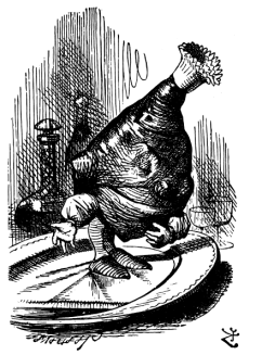 An animated leg of mutton bows on a silver platter.