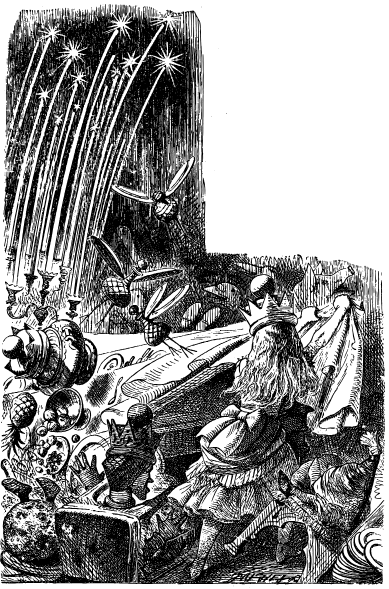 Alice stands at a table covered with a variety of items of food and serving platters. Flying creatures hover over the table and at left candles stretch up and turn into fireworks.