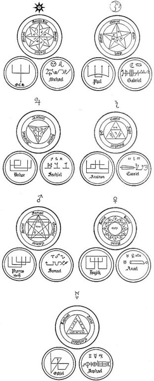 THE PENTACLES OF THE SEVEN PLANETS AND THE SEALS AND CHARACTERS OF THE PLANETARY ANGELS